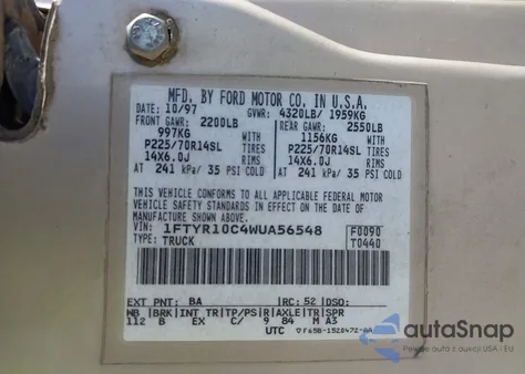 1998 Ford Ranger Splash/Xl/Xlt из США, поврежденный, VIN 1FTYR10C4WUA56548